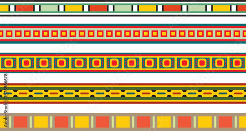 Vector set of colorful seamless Egyptian borders. Endless Ornaments of Ancient Egypt. Geometric African frame.
