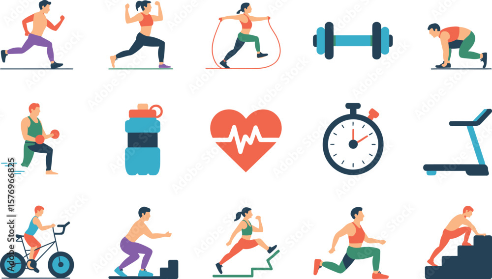 Fototapeta premium Fitness and Exercise Icons: People Working Out and Equipment
