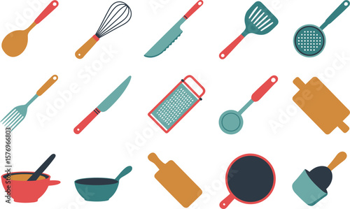 Kitchen Utensils Illustration: Colorful Spoon, Whisk, Knives, Spatula, Ladle, Bowls, Rolling Pin