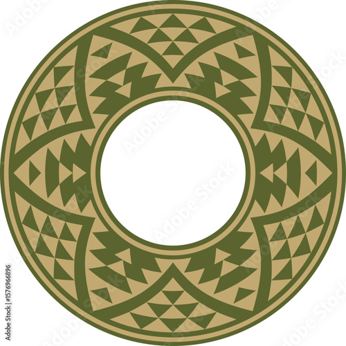 Native American vector round gold with green pattern. Geometric shapes in a circle. National ornament of the peoples of America, Maya, Aztecs, Incas.
