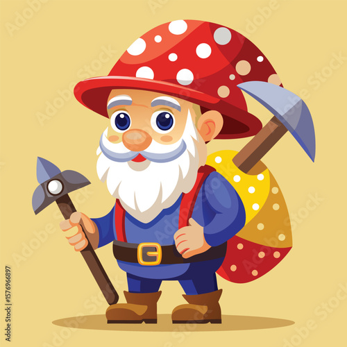Cartoon gnome miner with red mushroom hat and pickaxe