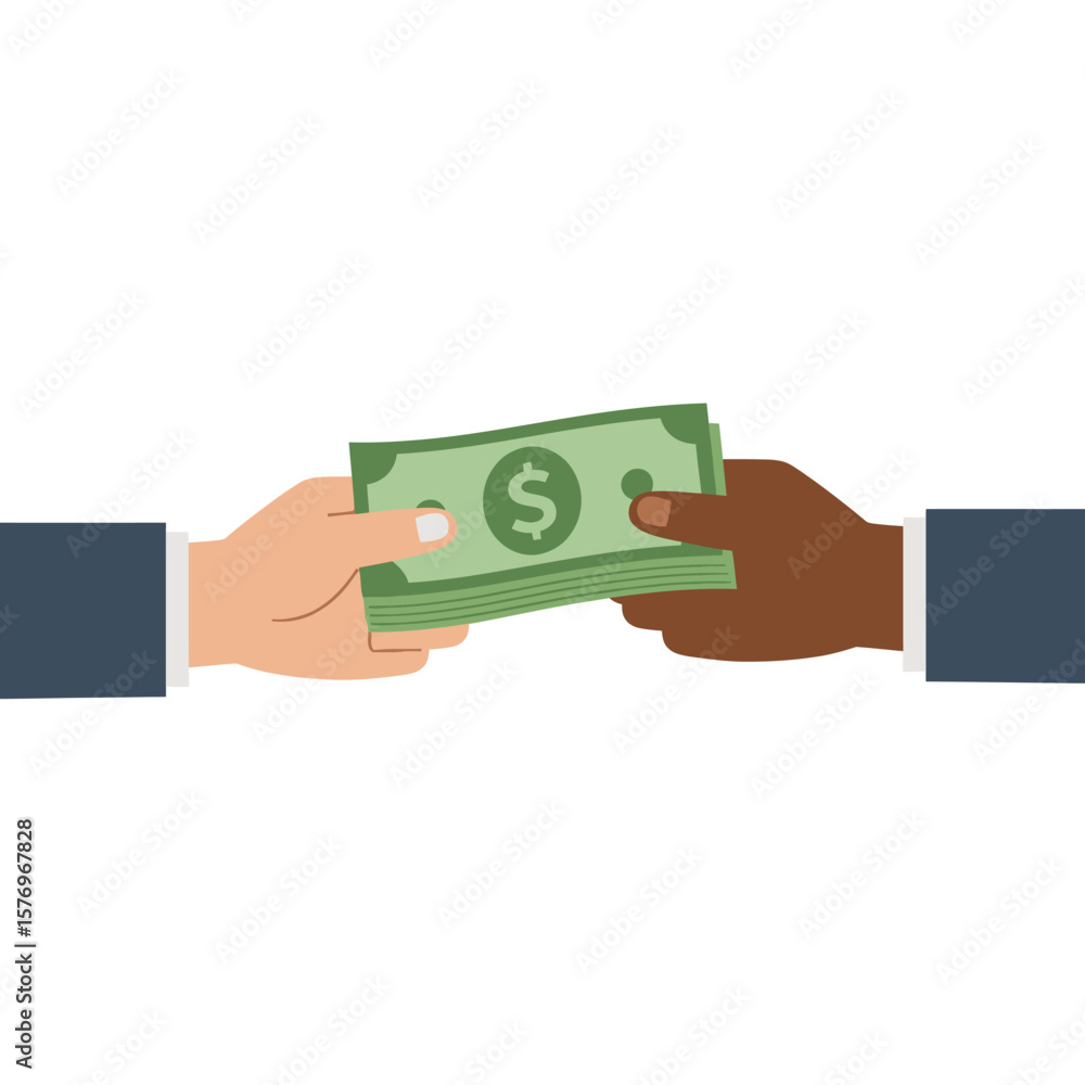 An illustration depicts a financial transaction with two hands exchanging a stack of green dollar bills on a clean white background, representing business and finance. An illustration depicts a financial transaction with two hands exchanging a stack of green dollar bills on a clean white background, representing business and finance.