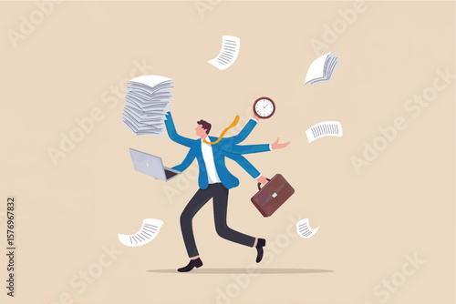 Overwhelmed businessman with multiple arms juggling documents laptop briefcase and a clock symbolizing multitasking and stress isolated on transparent background
