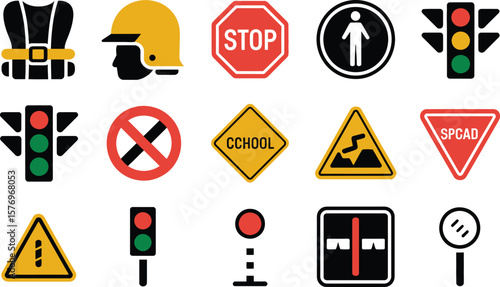 Traffic Signs and Safety Symbols in Black Red Yellow and White