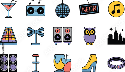 Nightlife Icons Cocktail Music Disco Ball Neon Sign Owl City Skyline