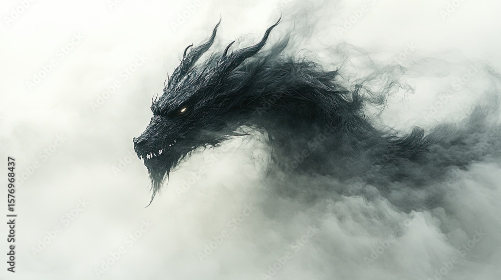 Fototapeta premium Dark dragon head emerging from smoke.