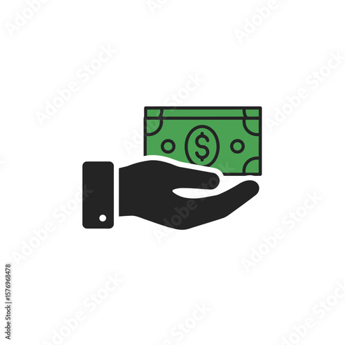 A minimalist illustration depicts a black hand presenting a green dollar bill, symbolizing financial transactions, investment, or charitable giving on a clean white background.