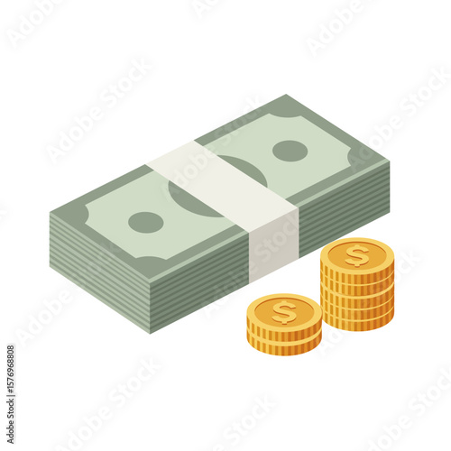 An isometric illustration depicts a large stack of green dollar bills alongside two piles of shiny gold coins, symbolizing wealth and financial success.