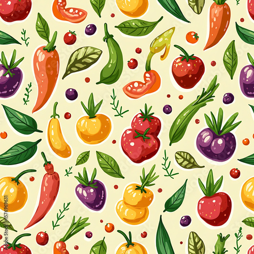 Seamless vector pattern with colorful vegetables and fruits on a light yellow background