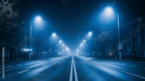 深夜の街路 青い光に包まれた道