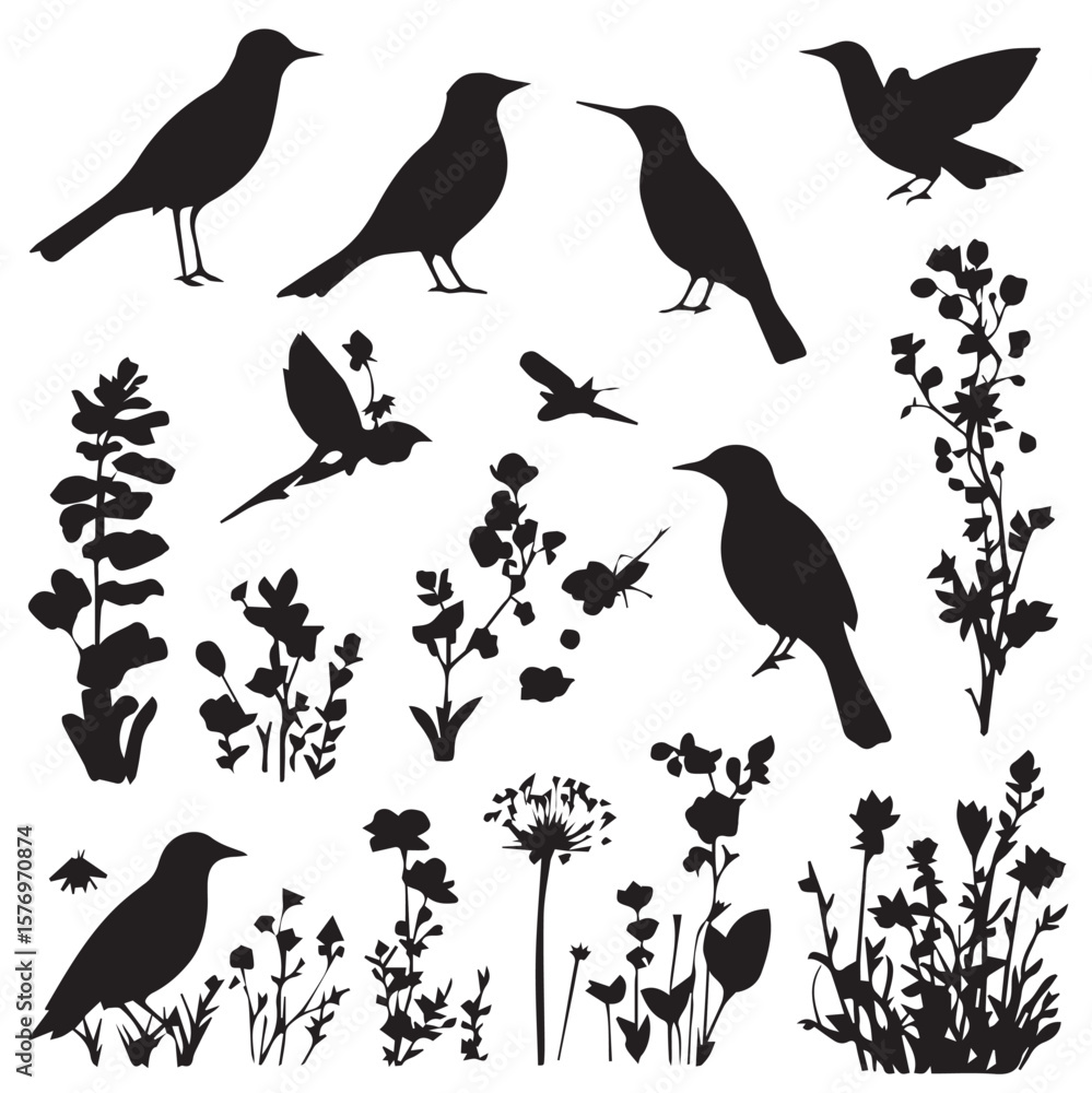 Obraz premium Seamless pattern with flying bird silhouettes on a branch, a vector illustration of nature's wildlife