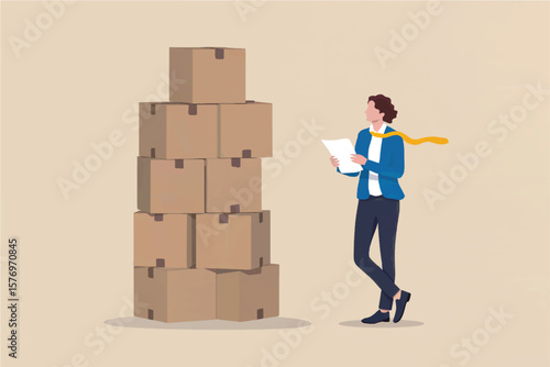Businesswoman in blue jacket and yellow scarf reviewing documents next to a tall stack of cardboard boxes isolated on transparent background