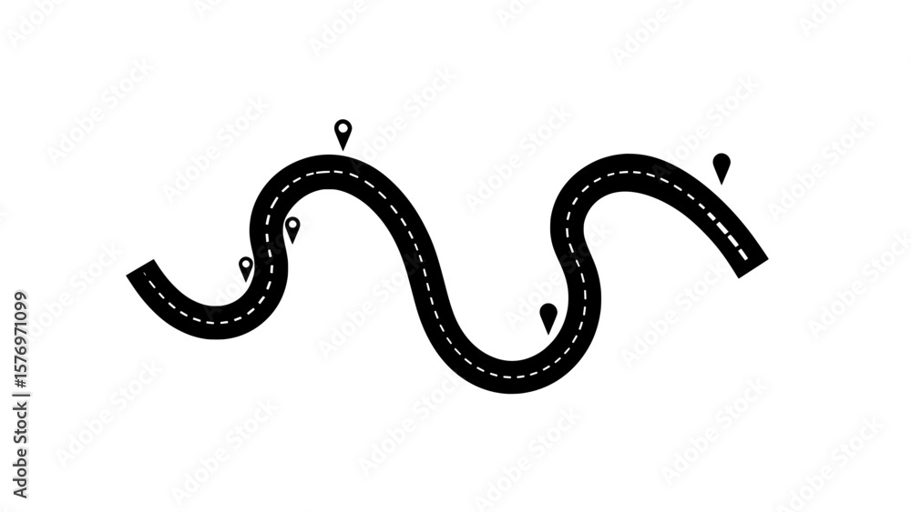 Fototapeta premium Curvy road with location markers in flat design style on a transparent background