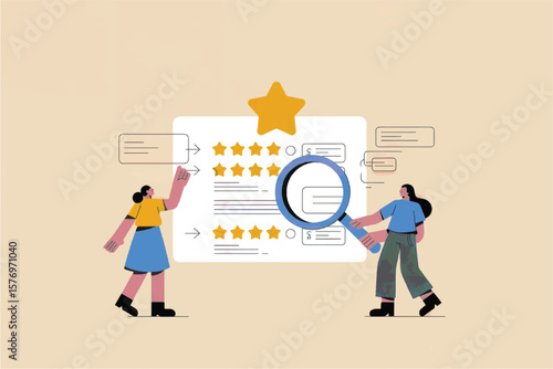 Two people examining a review board with stars and magnifying glass symbolizing analysis and evaluation isolated on transparent background