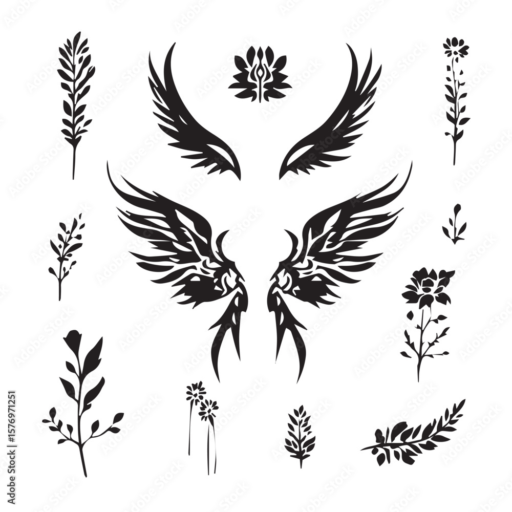 Obraz premium Set of black tribal vector wings with floral elements for tattoo design decoration