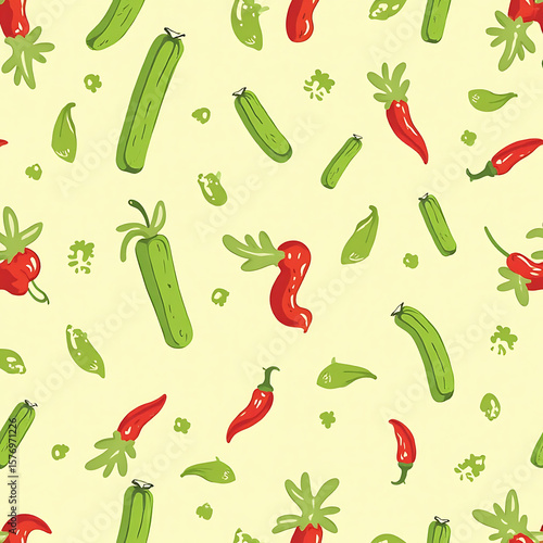 Wallpaper Mural Colorful seamless pattern of fresh vegetables with chili peppers and cucumbers on a light background Torontodigital.ca