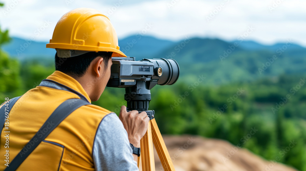 Obraz premium Construction Worker Using Surveying Equipment in Natural Landscape with Mountains in Background
