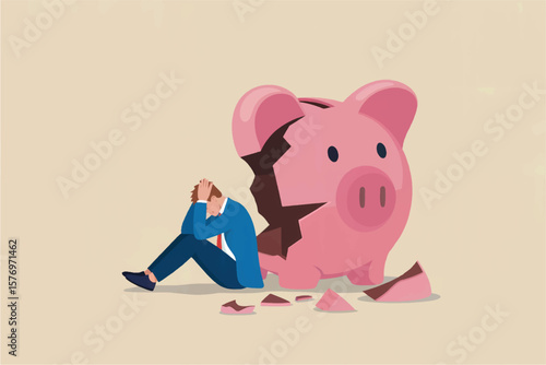 Distressed businessman sitting next to a shattered pink piggy bank symbolizing financial ruin and economic crisis isolated on transparent background
