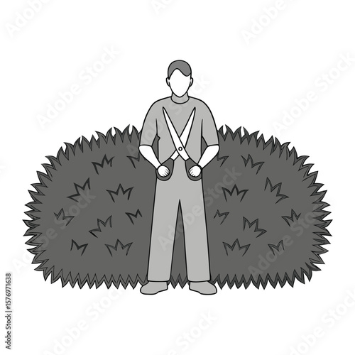 Silhouette of Gardener Trimming Bush with Large Scissors
