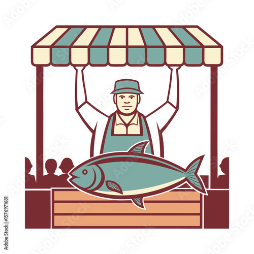 Silhouette of Fishmonger Holding Large Fish at Market Table