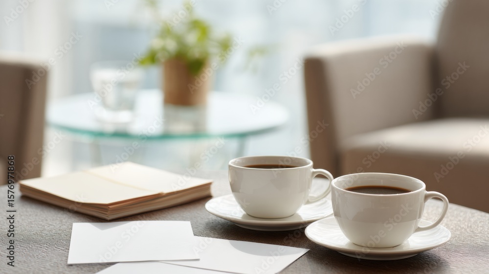 Calm Negotiation Setting Featuring Coffee Cups and Clear Side Table During Business Discussion Calm Negotiation Setting Featuring Coffee Cups and Clear Side Table During Business Discussion