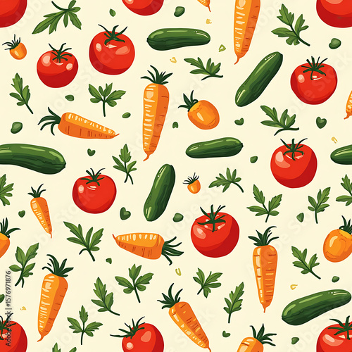 Vibrant and Fresh Vegetable Pattern: Tomatoes, Cucumbers, Carrots, and Greenery Repeating