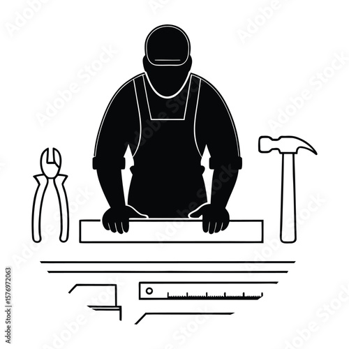 Silhouette of Carpenter Sawing Wood at Workbench