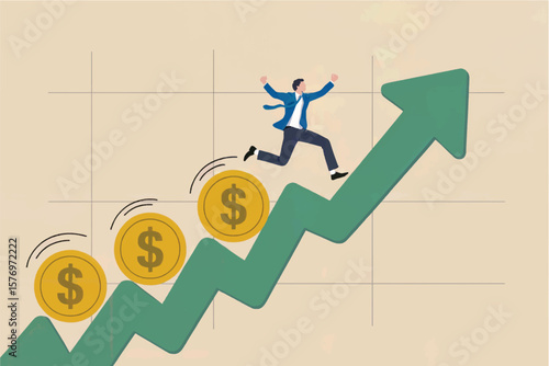 Energetic businessman running up a rising green arrow graph with gold dollar coins symbolizing financial growth and success isolated on transparent background