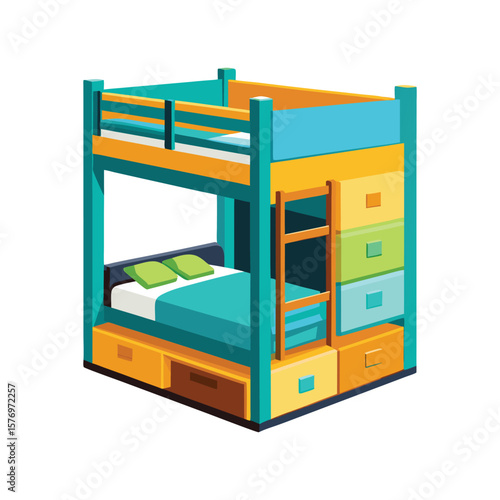 Colorful bunk bed with storage and bedding