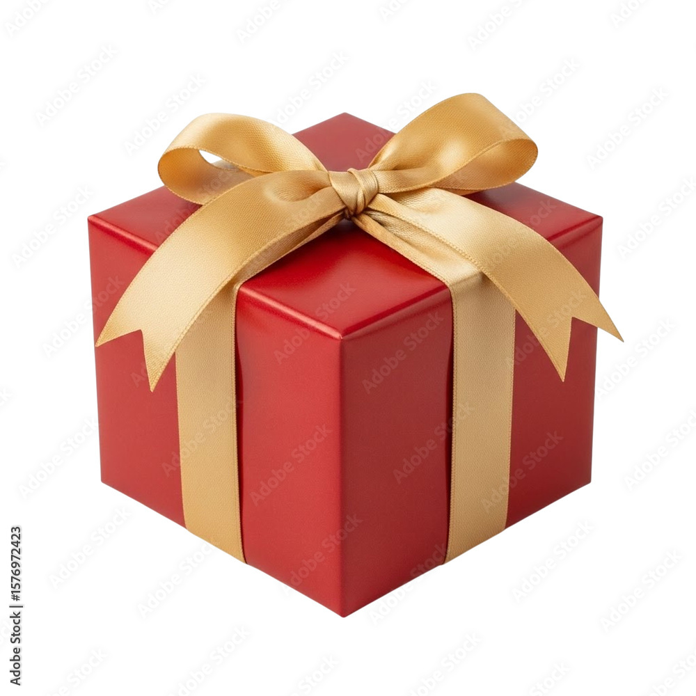 Obraz premium Festive red gift box with gold ribbon isolated on transparent background