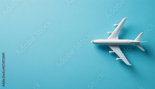 White airplane model on blue background, travel concept