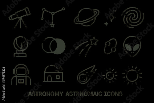 Set of astronomy and astronomic icons featuring telescope, planet, and space elements