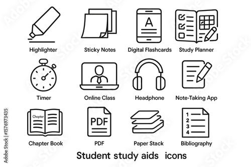 Student study aids icons: highlighter, sticky notes, digital flashcards, study planner