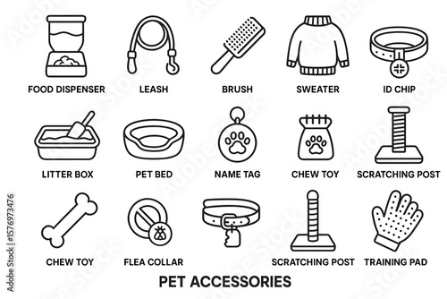 Pet accessories icons set: food dispenser, leash, brush, sweater, id chip, litter box