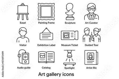 Art gallery icons collection featuring easel, sculpture, curator, and more