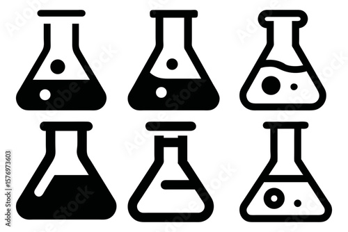 Illustration of six black and white laboratory flasks with varying liquid levels inside them
