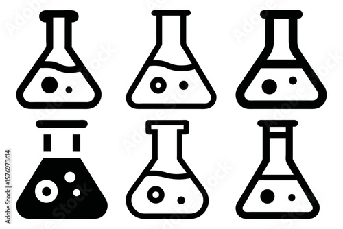 Illustration showing six erlenmeyer flasks containing varying levels of liquid and bubbles inside