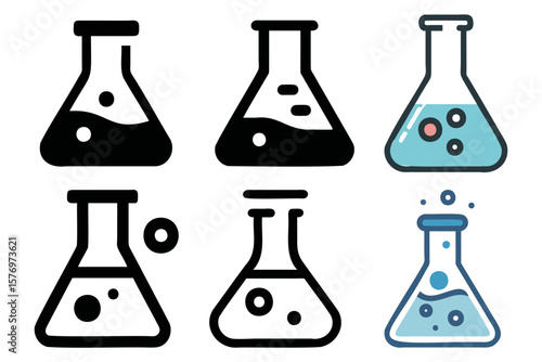 Illustration of six conical flasks with varying liquid levels and bubble formations shown close up