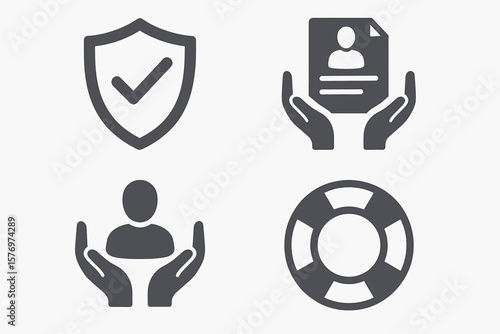 Security and support icons: protection, profile, user, lifebuoy symbols