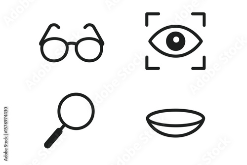 Vision icons: glasses, eye, magnifying glass, contact lens symbols