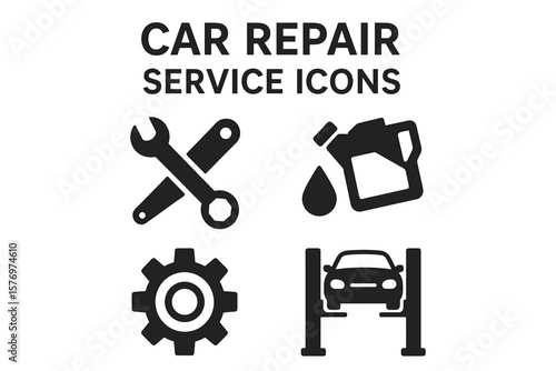Car repair service icons: wrench, oil, gear, lift symbols