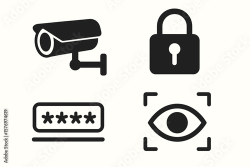 Security icons: camera, lock, password, and eye surveillance symbols