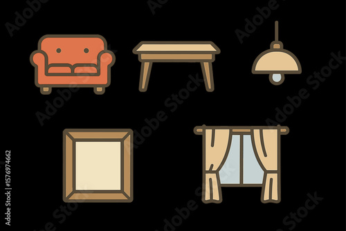 Stylish home furniture and decor icons: sofa, table, lamp, frame, curtains