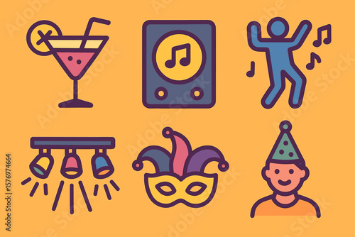 Party icons collection: cocktail, music, dance, lights, mask, celebration