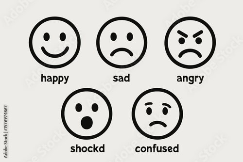Illustration of various emotional faces: happy, sad, angry, shocked, confused