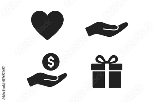 Charity and giving symbols: heart, helping hands, donation, gift box icons