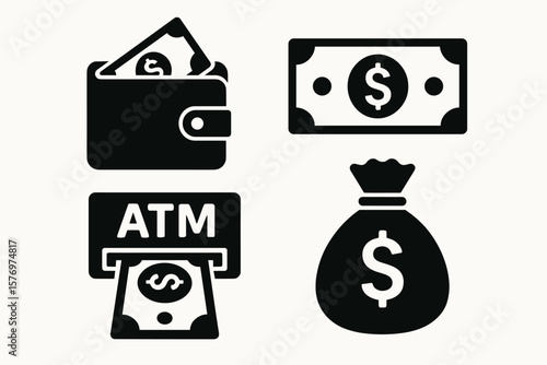 Wallet, cash, atm, and money bag symbols representing financial transactions