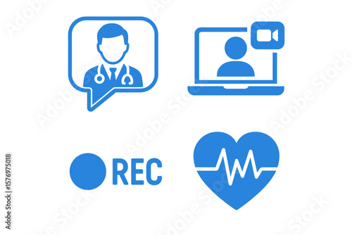 Telemedicine icons: doctor, video call, recording, heartbeat symbol for digital health