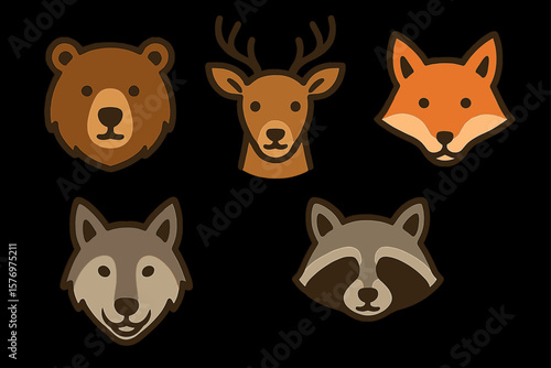 Stylized animal faces: bear, deer, fox, wolf, raccoon on black background