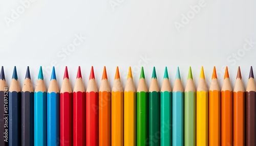 Vibrant assortment of sharpened colored pencils arranged in a neat row from dark to bright hues